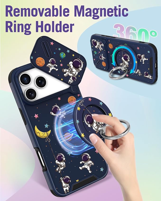 Buleens for iPhone 17 Pro Max Case 6.9 Inch - with Ring Stand & Camera Cover Aesthetic Cute Designed for Women Girls Girly Cartoon Astronaut Phone Case for iPhone 17 Pro Max Compatible with Magsafe - Image 5