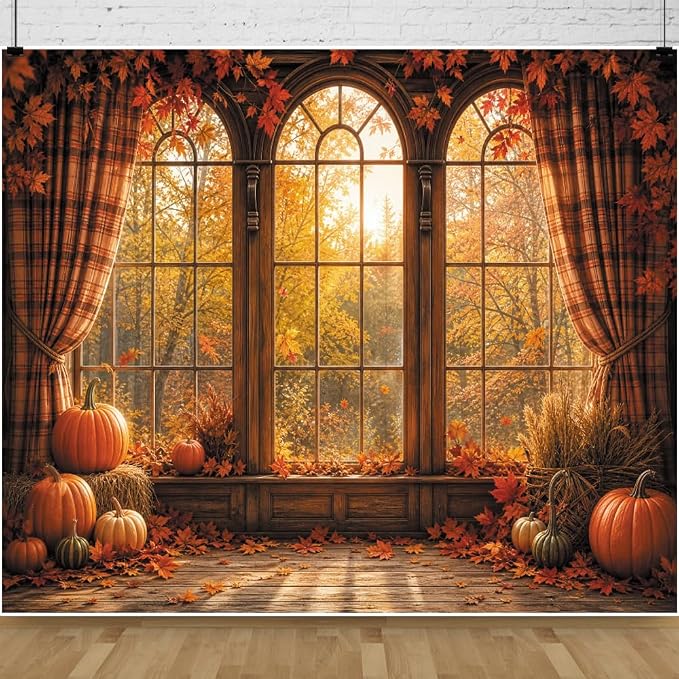 Autumn Fall Window Backdrop 10x10ft Rustic Wooden Arched Window with Pumpkin Maple Leaves Thanksgiving Harvest Photo Background for Party Decor Portrait Photography Booth Props Vinyl by Leowefowa