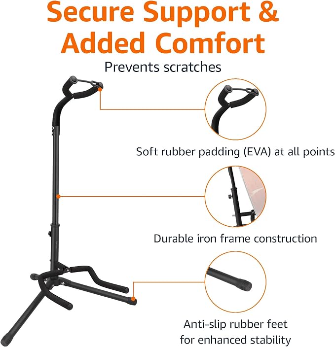 Amazon Basics Height Adjustable Foldable Guitar Stand with Secure Support, Padded Non-Slip Floor Stand for Acoustic, Electric, Bass and Banjos, Portable Display Stand, Black - Image 2