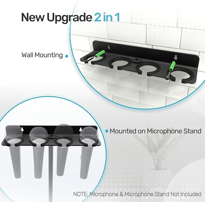 Multi Mic Holder for Stand, Wall Mount for 4 Handheld Wired/Wireless Mics | With Rubber Padding Protection, Fits 5/8"-27 & 3/8"-16 Thread Stand, Holds Up to 4 Dynamic Mics, Sturdy Mic Storage Organizer - Image 2