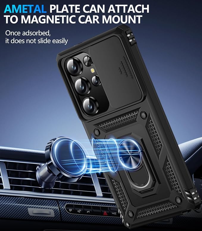 Taisairu for Samsung Galaxy S25 Ultra Case with Screen Protector & Slide Camera Lens Cover, Built-in Magnetic Ring Stand Shockproof Protective Phone Case for Samsung S25 Ultra Case (Black) - Image 5
