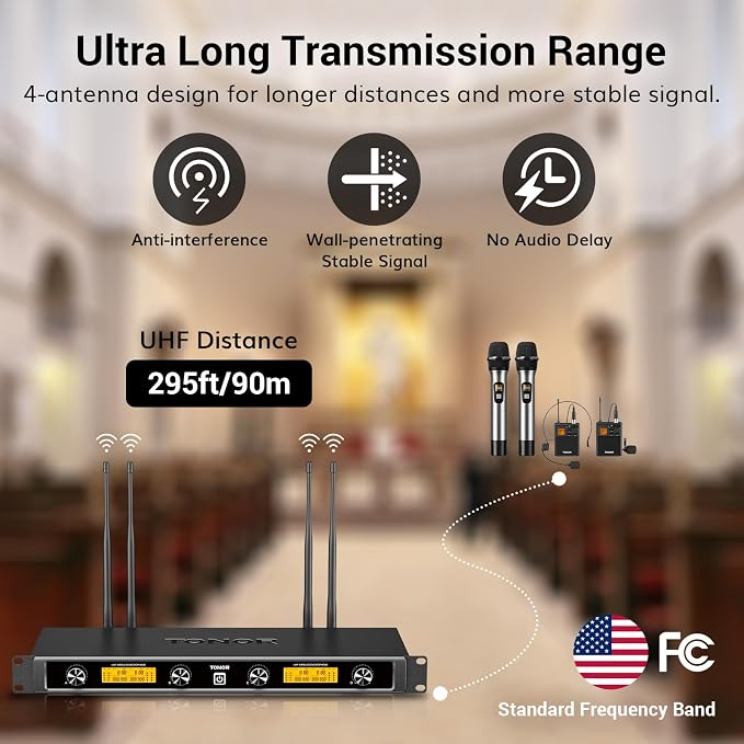 TONOR Wireless Microphones System with Metal 2 Cordless Mic and 2 Headset/Lapel/Lavalier Mic, Bodypack Transmitter, Receiver for Karaoke Church Singing Party PA Speaker, 4*10 Channels 90 m/295ft Range - Image 3