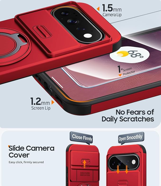 JAME for Google Pixel 10/10 Pro/11/11 Pro Case, Stand & Slide Camera Cover | Ring Holder Kickstand, Screen Protectors, Dual-Layer Shockproof Protective, Magnetic Accessory Friendly Phone Case, Red - Image 5