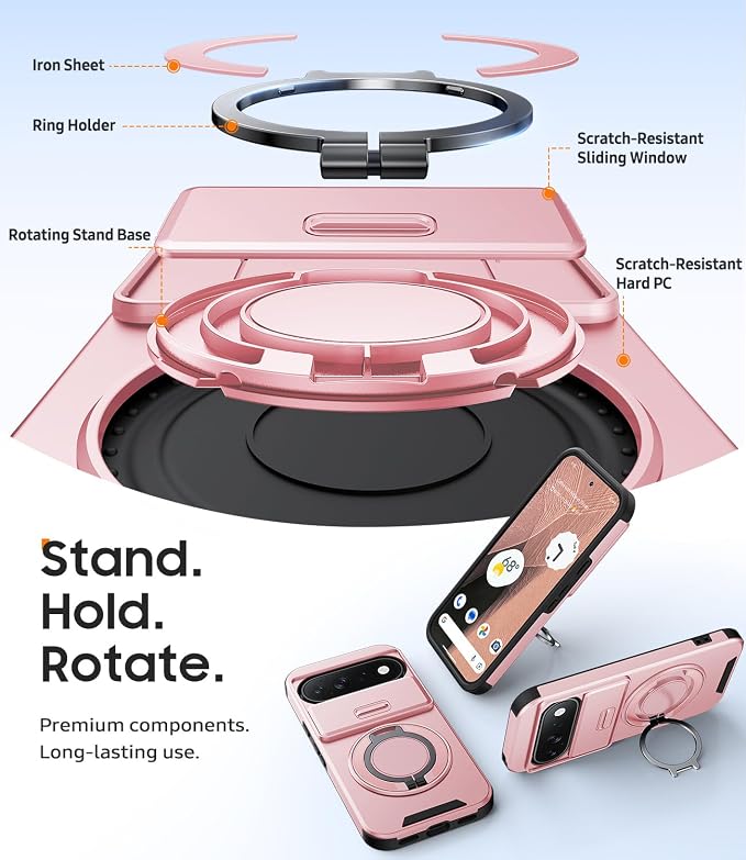 JAME for Google Pixel 10 Pro XL/11 Pro XL Case, Stand & Slide Camera Cover | Ring Holder Kickstand, Screen Protectors, Dual-Layer Shockproof Protective, Magnetic Accessory Friendly Phone Case, Pink - Image 7