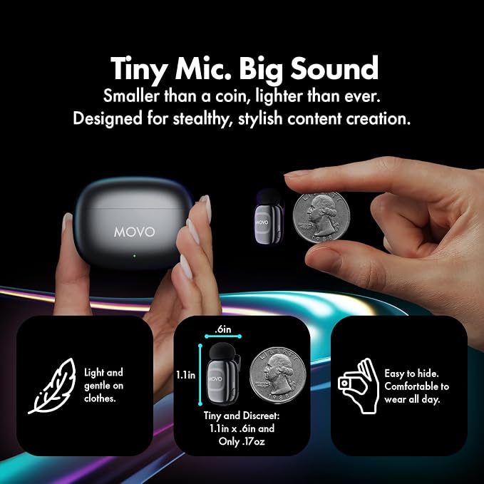 Movo NanoMic Wireless Lavalier Microphone for Camera – Clip-On TRS Wireless Mic System for DSLR, Camcorders, and Mirrorless Cameras – Dual Microphones with Charging Case for Video, Interviews - Image 3