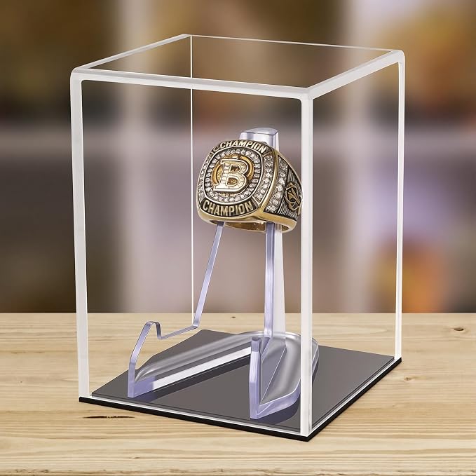 Clear Acrylic Championship Ring Display Case with Black Base, Memorabilia Stand Cube Holder, Dust Protective Transparent Storage Box for Single Rings Souvenir Ring Collections - Image 3