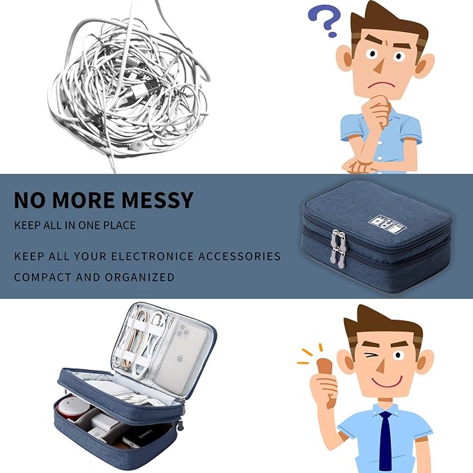 mygreen Electronic Accessories Organizer Bag, Waterproof Double Layer Travel Storage Case with Adjustable Padded Dividers, Portable Hard Pouch for Cables, Charger, Power Bank, Phone, Hard Drive Blue - Image 3
