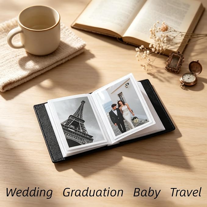 RECUTMS 100 Photo Album for 4x6 Small Leather Photo Book for Family Black | White Inner Page, 100 Vertical Pockets, Small Photo Albums for Anniversary, Wedding, Graduation Photobook, DIY Cover Window - Image 7