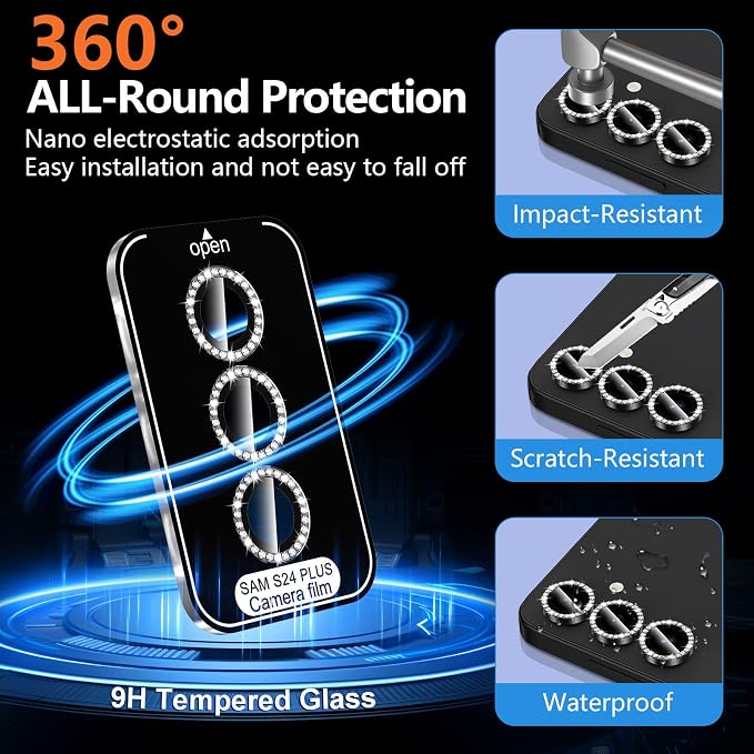 for Samsung Galaxy S24 Plus Camera Lens Protector, Individual Metal Ring Tempered Glass Lens Cover, [Strong Adsorption] Scratch Resistant Ultra-Thin HD Clear Lens Cover, 1 Set-Black Diamond - Image 2