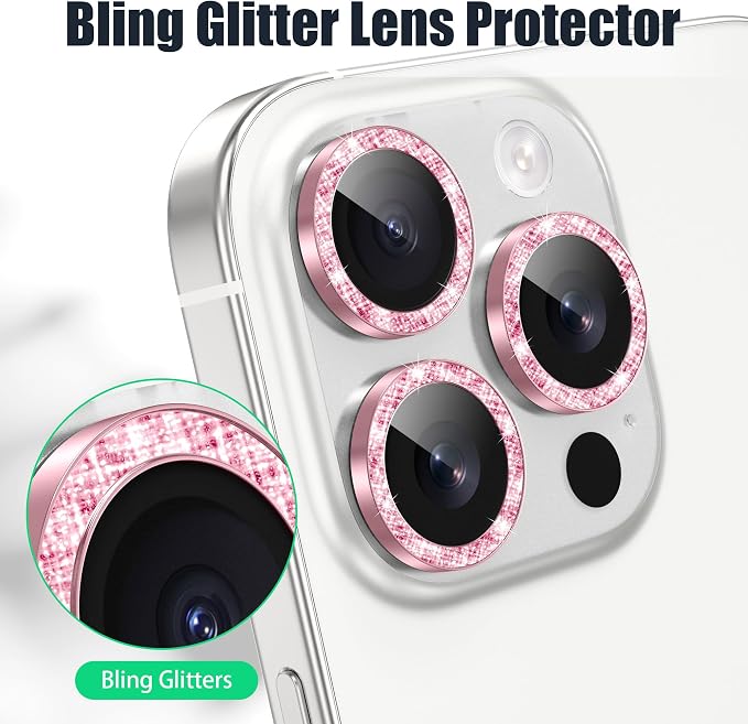 AGVEE 3+3 6 Pack for iPhone 16 Pro & Max Camera Lens Protector Cover | Individual Bling Diamond & Bling Glitter Sparkle Cute Gem Metal Ring, 9H Tempered HD Glass - Image 5