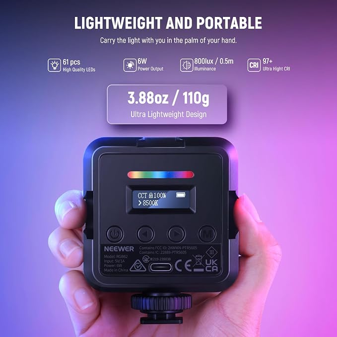 NEEWER RGB62 Magnetic RGB Video Light with Upgraded App Control | 360° Full Color, LED Camera Light, 3 Cold Shoes, CRI97+, 2500K-8500K, 17 Scenes, 2000mAh Rechargeable, Photography Lighting - Image 2