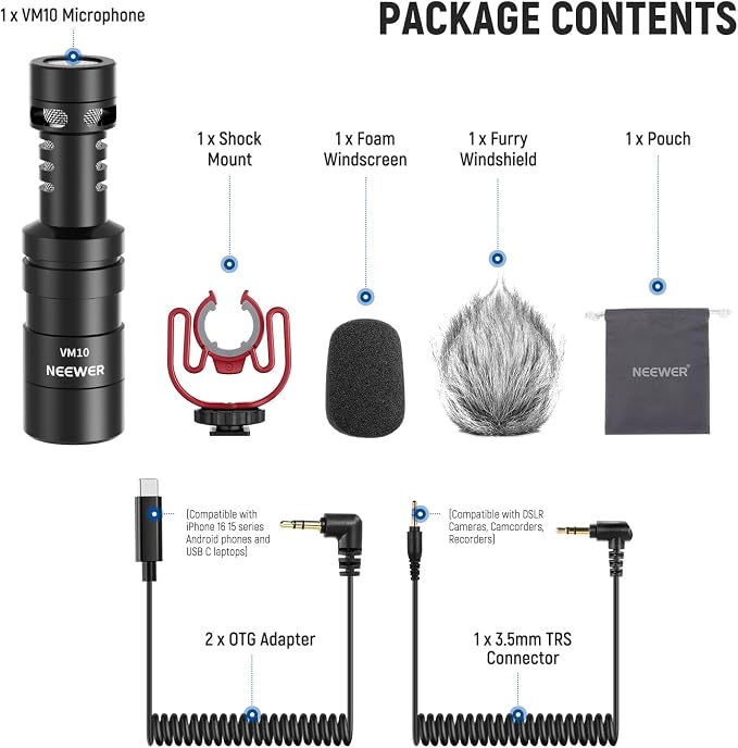 NEEWER VM10 Plug & Play Vlog Microphone for Camera, Mini Supercardioid Mic | 20-20KHz, Compatible with Sony Canon Nikon iPhone Samsung Android Tablet Mac, 3.5mm TRS, USB C OTG, Shock Mount, Windscreen - Image 8