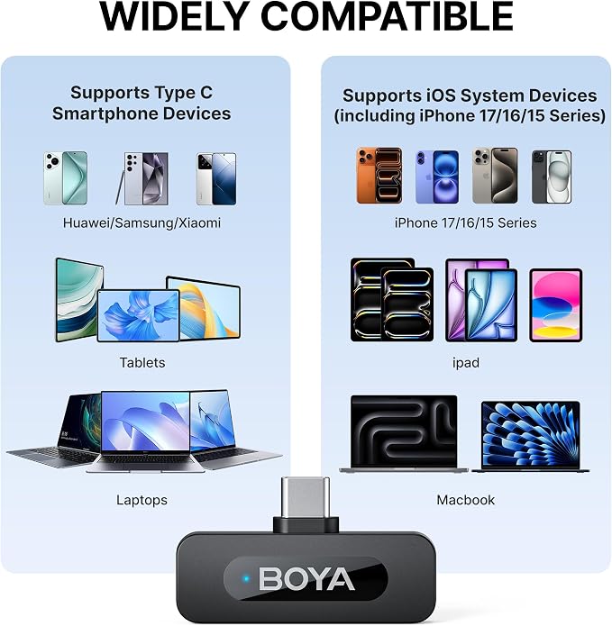 BOYA BY-V10 Wireless Microphones for iPhone 17/16/15 & Android/Laptop | Noise Cancellation, 328ft Range, 9H Battery Life, Mini Mic Clip on Lapel Microphone Wireless for Video Recroding - Image 6