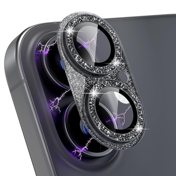 Choiche for iPhone 17 Camera Lens Protector, Glitter-Black | Bling Metal Camera Cover with 9H Tempered Glass Lens Screen Protector Accessories, Strong Adsorption, Case-Friendly by Choiche