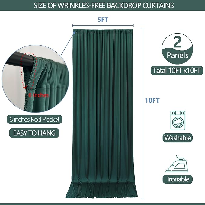 10x10ft Wrinkle Free Hunter Green Backdrop Curtain for Parties Soft Fabric Drapes Wedding Dark Green Curtain Backdrop for Birthday Party Decorations Background for Photography 5x10ft,2 Panels - Image 5