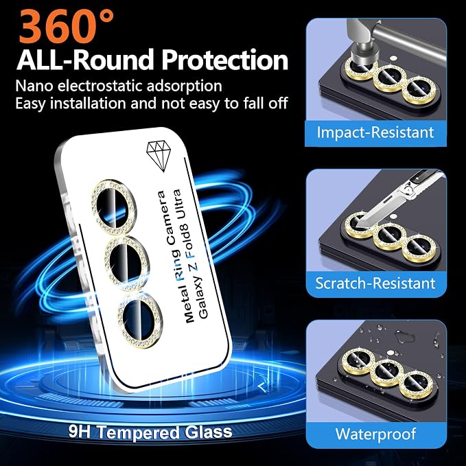 for Samsung Galaxy Z Fold 8 Ultra Camera Lens Protector, Individual Metal Ring Tempered Glass Lens Cover, [Strong Adsorption] Scratch Resistant Ultra-Thin HD Clear Lens Cover, 1 Set-Gold Diamond - Image 2