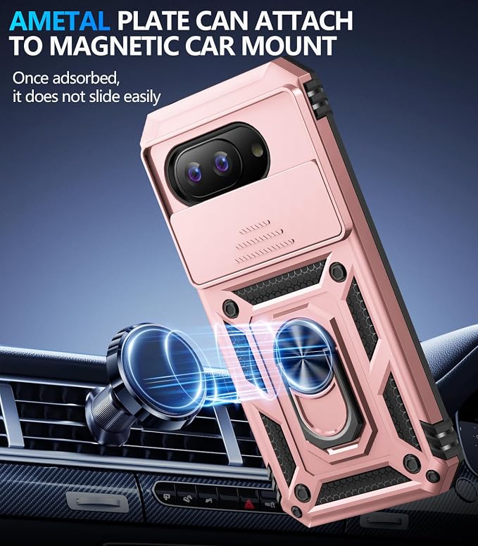 Taisairu for Google Pixel 10A Case with Screen Protector & Slide Camera Lens Cover,Built-in 360°Rotate Magnetic Ring Stand Shockproof Protective Phone Case for Google Pixel 10A Case (Rose Gold) - Image 5