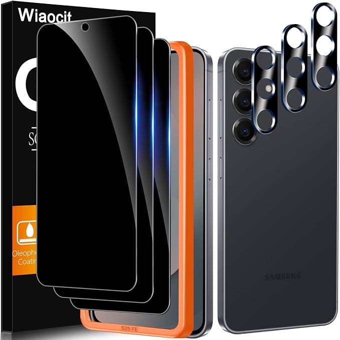 Wiaocit Tempered Glass Privacy Screen Protector for Samsung Galaxy S25 FE | 3+3 Pack, 9H Hardness, Camera Lens Protector, Installation Frame, Bubble Free, Case Friendly by Wiaocit