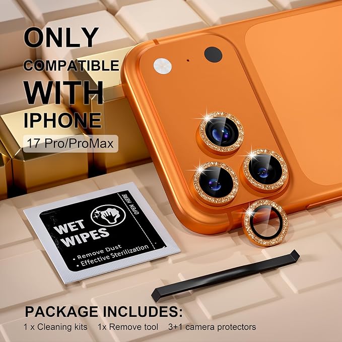 Misea Compatible for iPhone 17 Pro/iPhone 17 Pro Max Camera Lens Protector | 9H Tempered Glass Ultra HD Bling Camera Screen Protector Cover Metal Individual Ring Decoration Accessories, Orange Glitter - Image 2