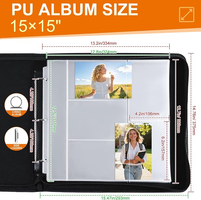 Zippered Binder Photo Album 4x6 – 20 Pack 4x6 Page Protectors in Leather Wallet, Holds 200 Horizontal & Vertical Photos, Large Capacity Photo Albums Book for Family Wedding Anniversary Baby, Black - Image 2