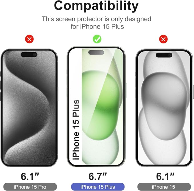 NEW'C 3x for iPhone 15 Plus Screen Protector (6.7 inches)+ 3x Camera Lens Protector, Sensor Protection, Case Friendly Tempered Glass Film + Dust Plug- Easy installation tool include - Image 2