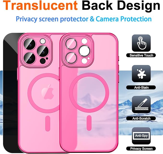 for iPhone 14 Pro Case with Privacy Screen Protector, Hot Pink | Full Camera Protection, Translucent Matte Magnetic, Compatible with MagSafe, Shockproof Phone Cover, Slim Fit Women/Girls - Image 2