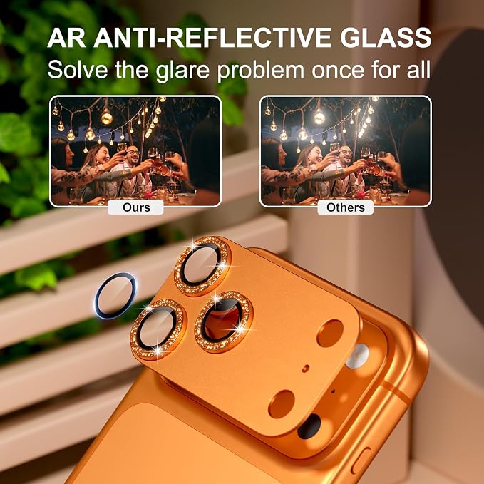 for iPhone 17 Pro Camera Lens Protector, Glitter Cosmic Orange | [Military Grade Shatterproof] [Strong Adsorption] [Case Friendly] Matte Metal Tempered Glass Camera Screen Cover Accessories - Image 3