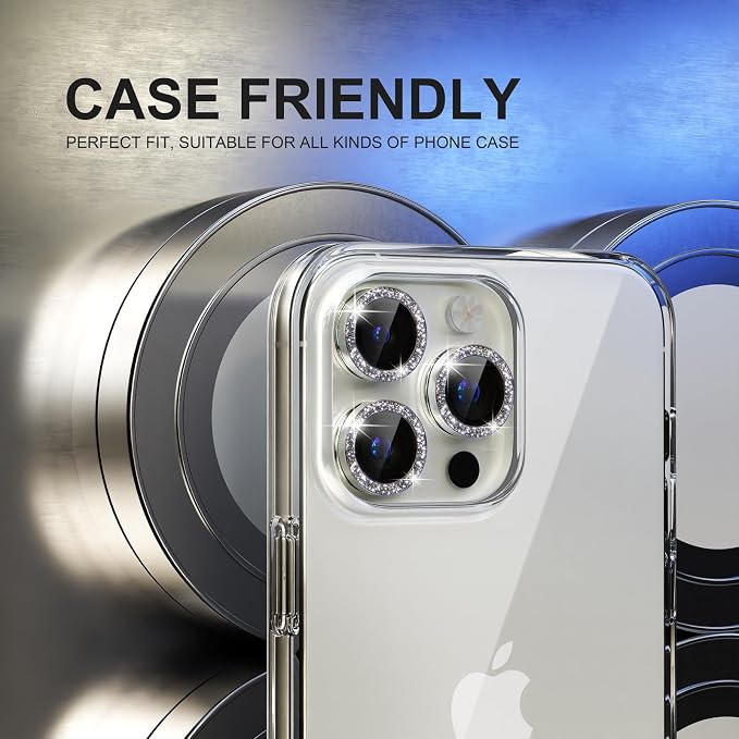 Choiche for iPhone 15 Pro/iPhone 15 Pro Max Camera Lens Protector | Ultra HD, Bling 9H Tempered Glass Camera Cover Screen Protector Metal Ring Decoration Accessories (Glitter-Silver) - Image 4