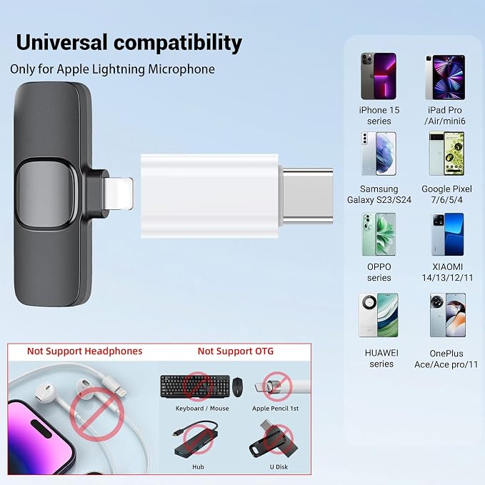 2 Pack Type C to Lightning Microphone Adapter for Lavalier Microphone, USB C Male to Lightning Female Converter for charging your phone,Such as iPhone17/16/15 series, iPad, Not for headphones and data - Image 4