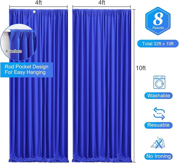 Royal Blue Backdrop Curtains 8 Panels - Wrinkle-Free Polyester Photography Drapes for Baby Shower & Birthday Party - 32 X 10FT - Image 3