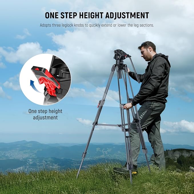 NEEWER 76" Video Camera Tripod with Fluid Head, One Step Quick Release Heavy Duty Aluminum Portable Tripod Stand with Cleaning Cloth, Dual Mode QR Plate for DSLR Camcorder, Max Load 17.6lb, LL27 - Image 3