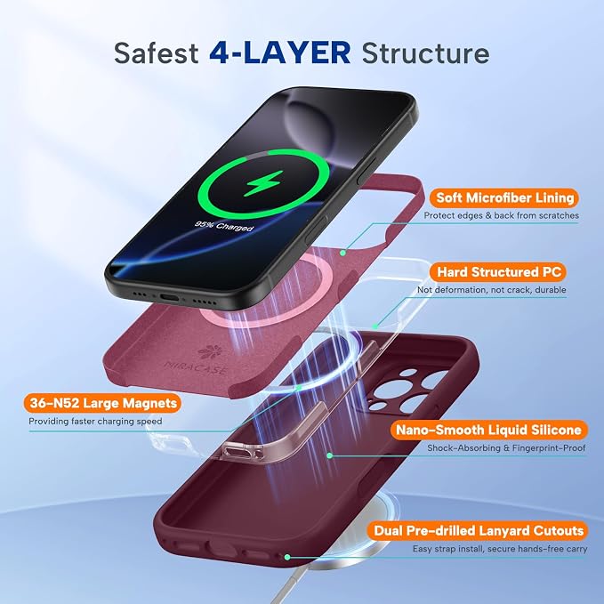 miracase Magnetic for iPhone 16 Pro Case, [Soft Anti-Scratch Microfiber Lining], Compatible with MagSafe, Liquid Silicone Case Shockproof Drop Protection Phone Case for 16 Pro,Wine Red | Compatible with MagSafe, Soft Microfiber Lining, Liquid Silicone ... - Image 4