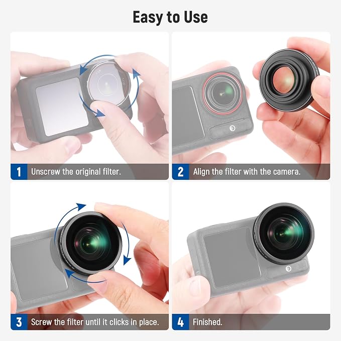 NEEWER ND Lens Filter Accessories Kit Compatible with DJI Osmo Action 5 Pro/4, HD Variable ND8-32 + CPL + Black Diffusion 1/4 for Mist Cinematic Effect + 185° Wide Angle Lens, FL-53 - Image 8