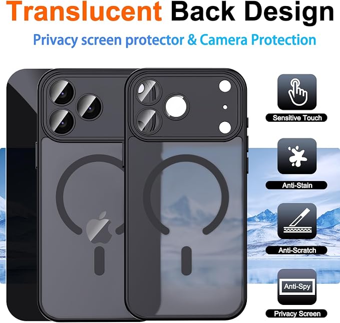 for iPhone 17 Pro Case with Privacy Screen Protector, Black | Full Camera Protection, Compatible with MagSafe, Magnetic Translucent Matte Shockproof Phone Cover for iPhone 17 Pro - Image 2