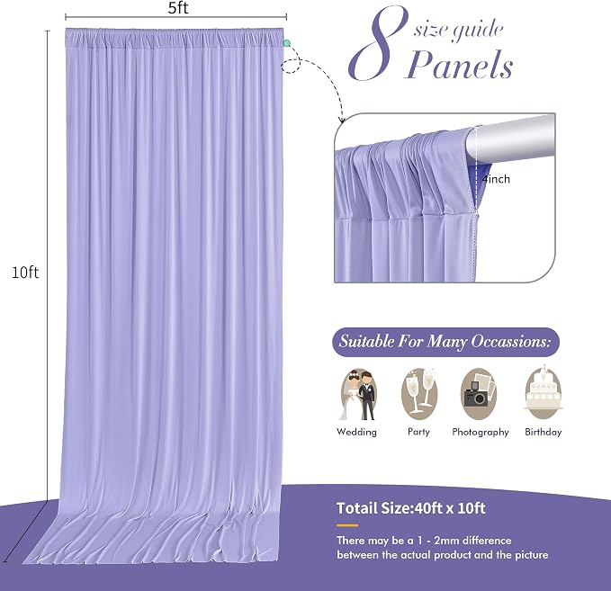40 ft x 10 ft Wrinkle Free Lavender Backdrop Curtain for Parties, Polyester Light Purple Photo Backdrop Drapes 8 Panels 5x10ft for Baby Shower Photoshoot Wedding Birthday Party Photography Curtains - Image 5