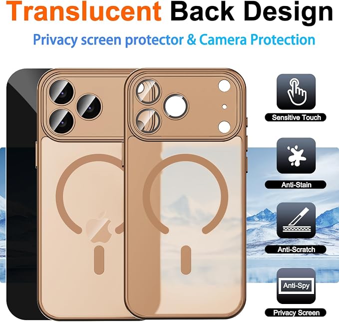 for iPhone 17 Pro Case with Privacy Screen Protector, Brown | Full Camera Protection, Compatible with MagSafe, Magnetic Translucent Matte Shockproof Phone Cover for iPhone 17 Pro - Image 2
