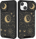 (2in1 for iPhone 13 Mini Case Sun and Moon Stars Women Cute Space Phone Cover with Slide Camera Cover Protective Fashion Golden Print Design Cases for iPhone 13Mini 5.4'' by Goocrux