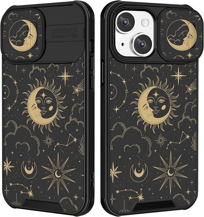(2in1 for iPhone 13 Mini Case Sun and Moon Stars Women Cute Space Phone Cover with Slide Camera Cover Protective Fashion Golden Print Design Cases for iPhone 13Mini 5.4'' by Goocrux