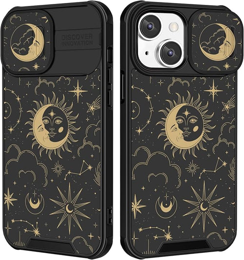 (2in1 for iPhone 14 Case Sun and Moon for Women Cute Stars Space Phone Cover with Slide Camera Cover Protective Fashion Golden Print Design Cases for iPhone14 6.1 inch by Goocrux
