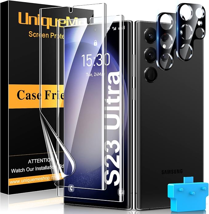 UniqueMe 2+2+1 Pack for Samsung Galaxy S23 Ultra Screen Protector 6.8 inch | Flexible TPU, Camera Lens Protector, Installation Frame, 24h Scratch Self-Healing by UniqueMe