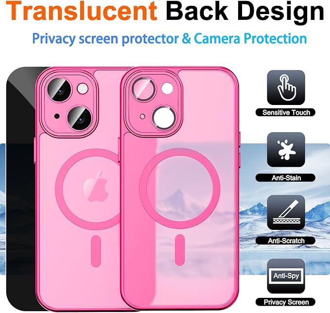 for iPhone 14 Case with Privacy Screen Protector, Hot Pink | Full Camera Protection, Translucent Matte Magnetic, Compatible with MagSafe, Shockproof Phone Cover, Slim Fit Women/Girls - Image 2