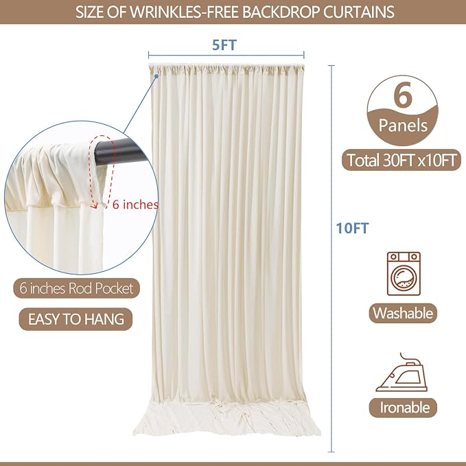 30x10ft Wrinkle Free Ivory Backdrop Curtain for Parties Soft Fabric Drapes Wedding Ivory Curtain Backdrop for Birthday Party Decorations Background for Photography 5x10ft,6 Panels - Image 3