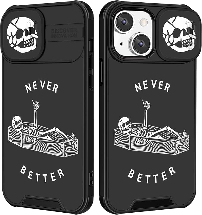 (2in1 for iPhone 12 Case Skull Skeleton Women Cute Gothic Phone Cover Ghost Horror Design with Slide Camera Cover Protective Cool Never Better Spooky Boys Teens Black Cases for iPhone12 6.1'' by Goocrux