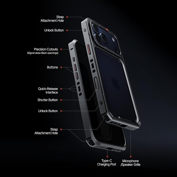 PGYTECH ProShot Phone Case for iPhone 17 Pro Max, Aluminum Alloy Protective | with 4 Expansion Ports, 3 Strap Holes & Silicone Liner Have 67mm Filter Adapter Ring Backplate, for Heat Dissipation, Black - Image 3