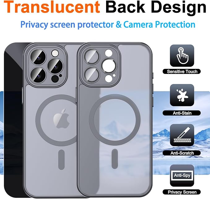 for iPhone 16 Pro Max Case with Privacy Screen Protector, Gray | Full Camera Protection, Matte Magnetic, Compatible with MagSafe, Translucent Shockproof Phone Case for iPhone 16 ProMax - Image 2