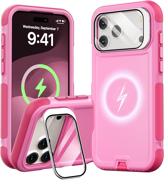 Follaroma Magnetic for iPhone 17 Pro Case with Camera Cover Stand,Pink,6.3" | Built-in Glass Camera Cover Stand,Compatible with MagSafe,Heavy Duty Shockproof Protective,Military-Grade Anti-DropDual Case by Follaroma