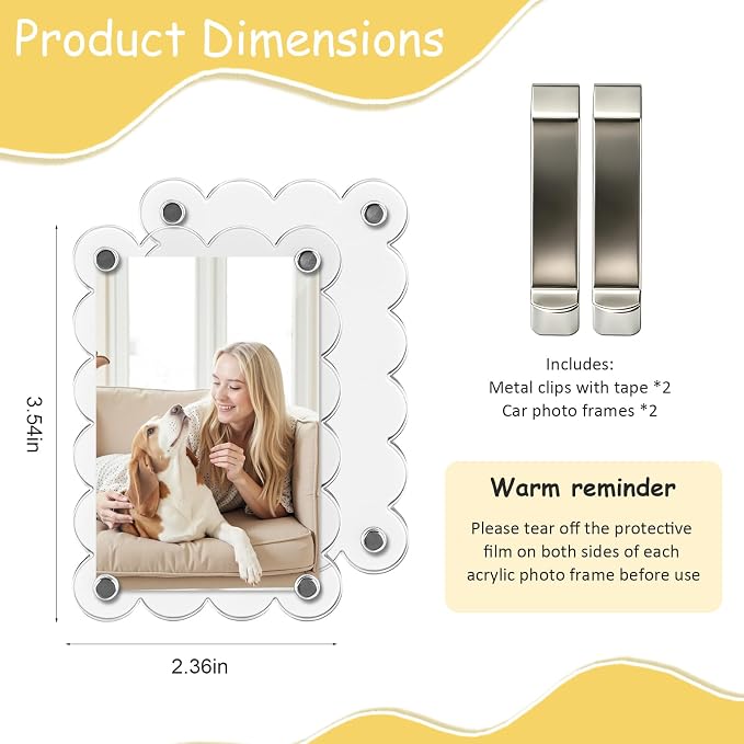 2Pcs Magnetic Car Visor Photo Holder, Scalloped Fluorescence, 2.4 x 3.5 in | Clear Acrylic Car Picture Frame, Personalized Picture Frame Clip for Sun Visor, For Family, Pets, Travel Photos - Image 4