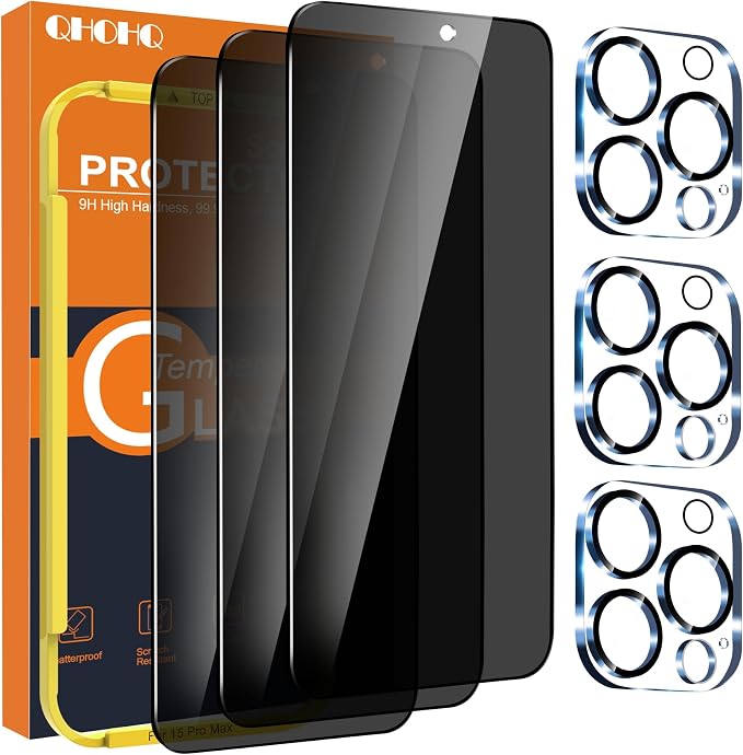 QHOHQ 3 Pack Privacy Screen Protector for iPhone 15 Pro Max [6.7 Inch] with 3 Pack Camera Lens Protector, Anti Spy Tempered Glass Film, 9H Hardness, HD, Bubble Free, Case Friendly - Black by QHOHQ
