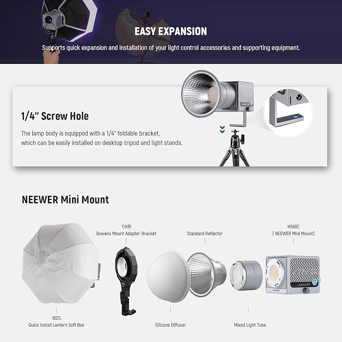 NEEWER HS60C Pro 60W Portable RGB LED Video Light, APP DMX/Panel Control/Custom Effects/Light Group 8700Lx/1m 2700-6500K CRI97+ COB Continuous Output Lighting for Video Recording Studio Photography - Image 8