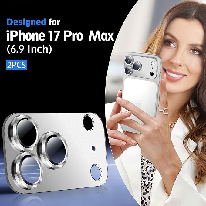 SiHPuoy Camera Lens Protector for iPhone 17 Pro Max, Tempered Glass,Silver | 2pcs, 9H+ Hardness, Military Grade Shatterproof, Anti-Scratch, Case Friendly, Metal Camera Cover, Does not Affect Night Shots - Image 2